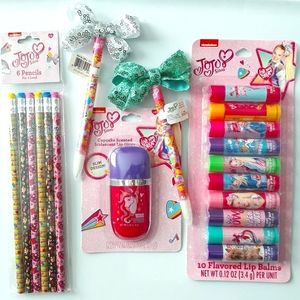JoJo Siwa Lip Balm, Lip Gloss, Pen, and Pencil Set.